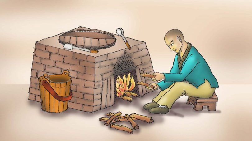 Biksu muda itu harus melakukan tugas-tugas seperti mengambil air, membuat api, memasak, dan membersihkan setiap hari. (Kredit: Sun Mingguo via The Epoch Times)