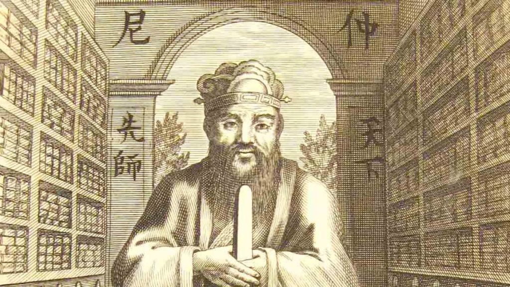 Potret Konfusius oleh misionaris Jesuit di kekaisaran Cina. Teks itu mengatakan "Zhong Ni [nama kesopanan Konfusius], guru leluhur di seluruh negeri." (Kredit: Domain Publik)
